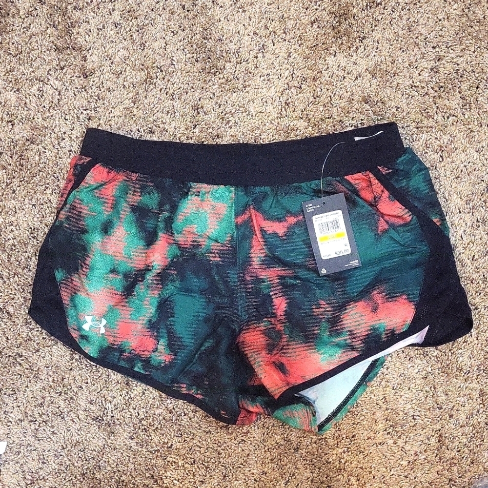NWT Under Armour loose fit running shorts size M coral and green and black UA